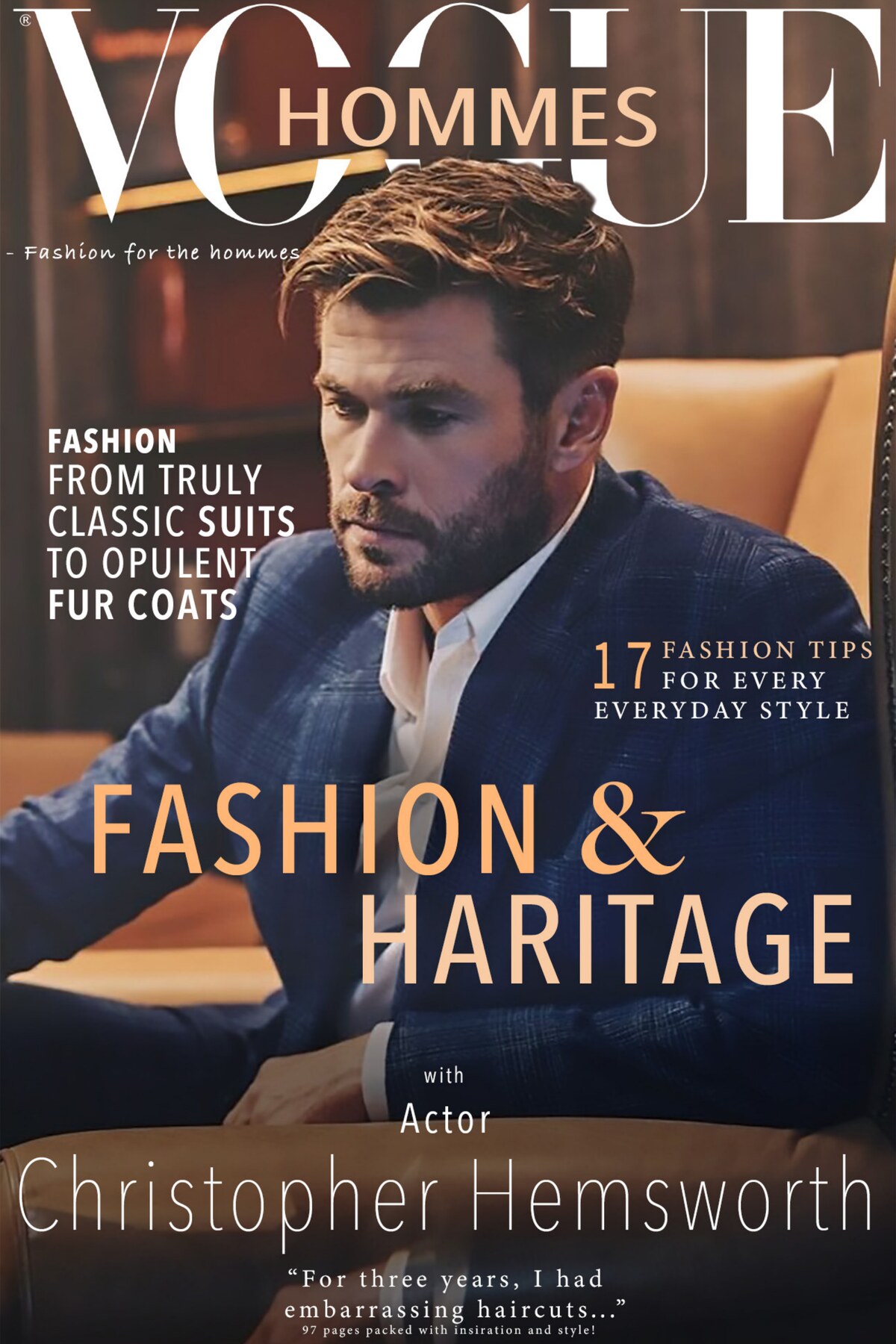 Forsiden til et Vogue Hommes-magasin med Christopher Hemsworth