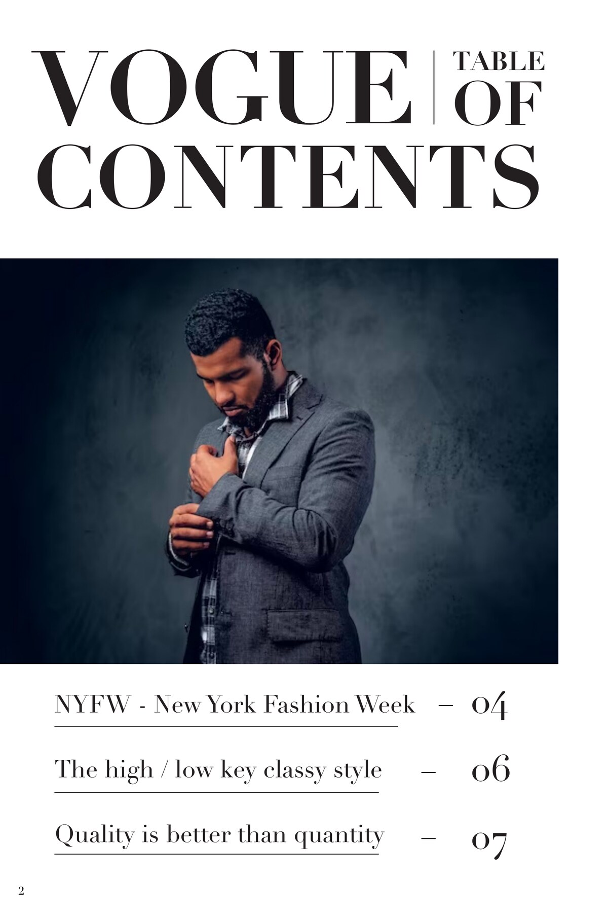Innholdsfortegnelse i Vogue Hommes-konseptmagasinet